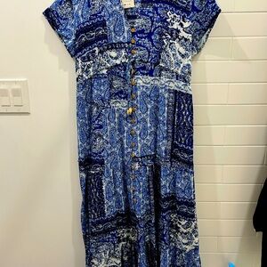 Zara Blue and White Casual Sundress with Cap Sleeves